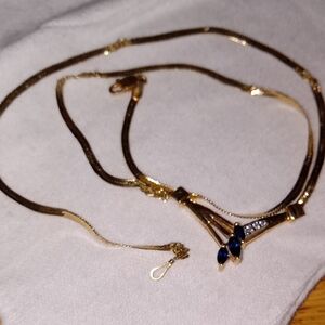 Elegant 14k Gold Necklace With 14k Pendant With Diamonds And Blue Sapphires